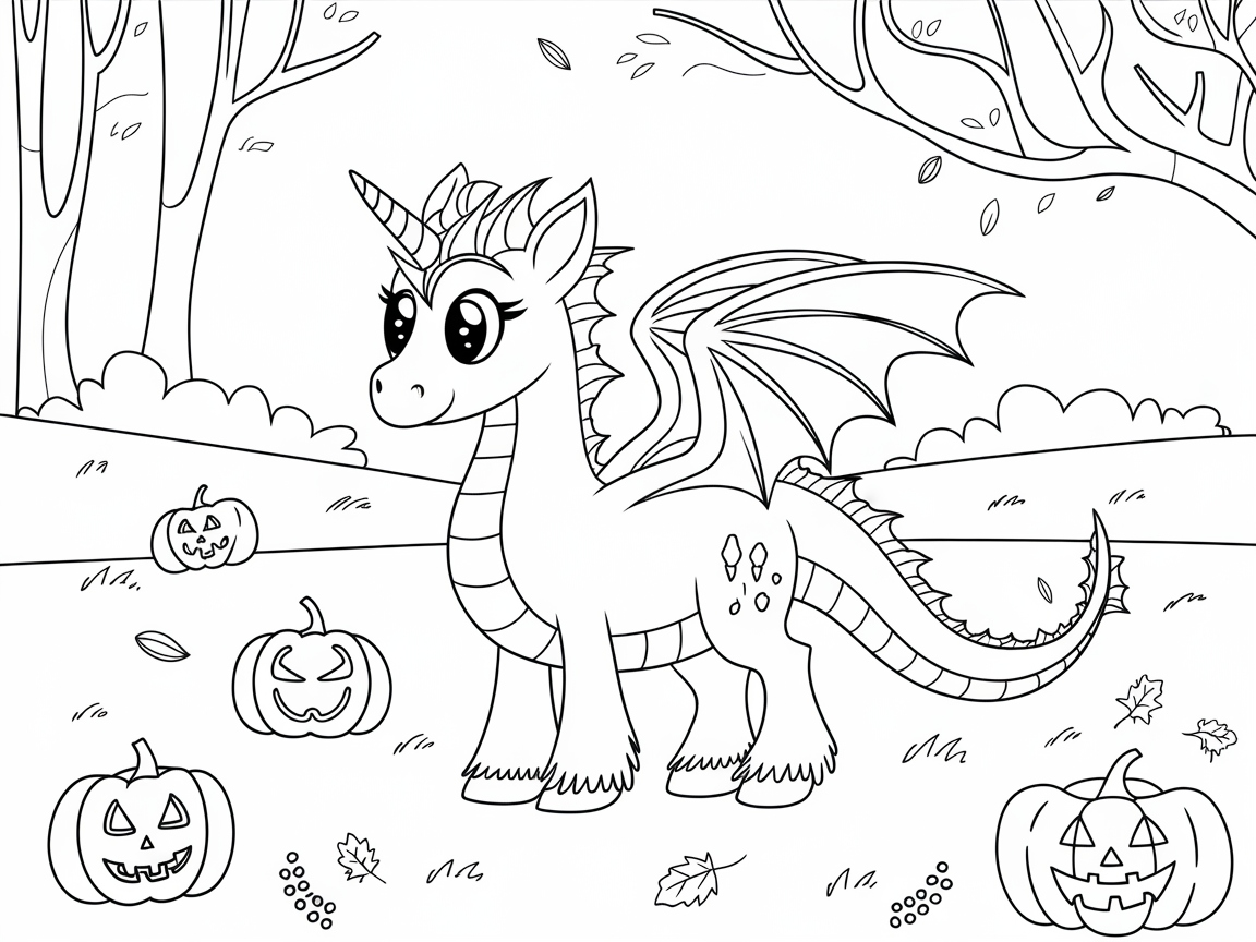 Enchanting Unicorn Dragon in a Pumpkin Patch