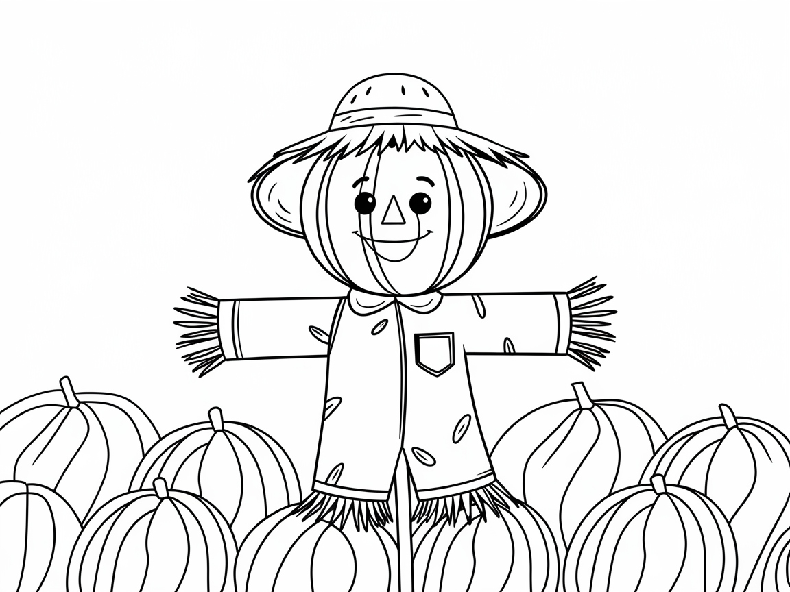 Color This Happy Scarecrow in a Watermelon Patch