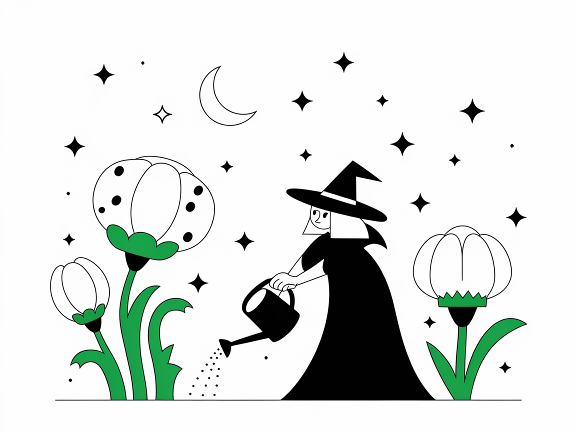 Whimsical Witch Tending to Magical Blooms