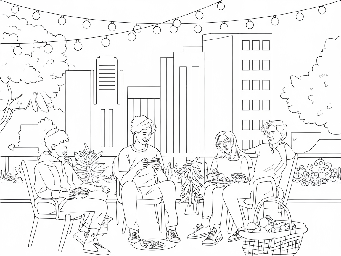 City Rooftop Picnic Coloring Page