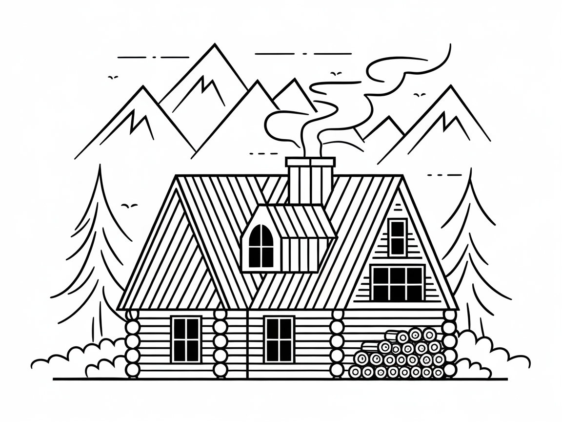 Charming Cabin in the Mountains Coloring Page