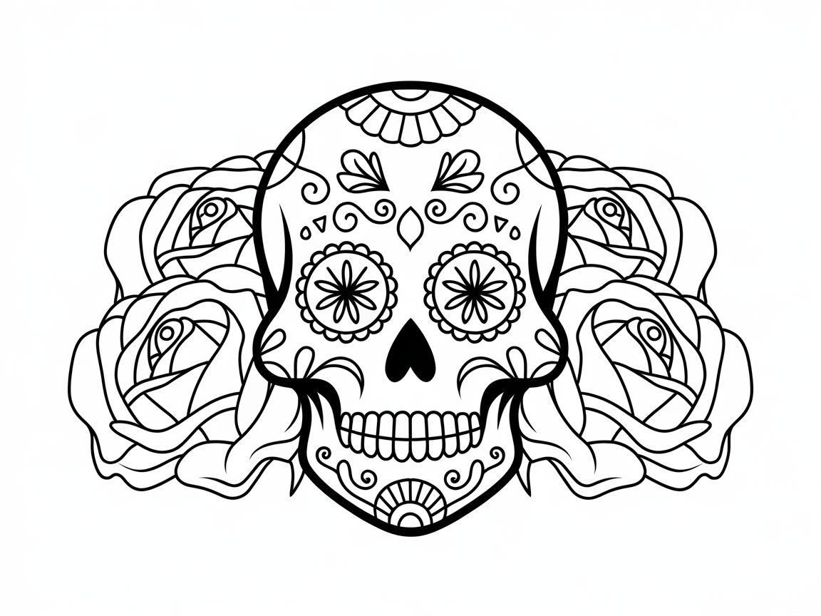 Intricate Sugar Skull Surrounded by Blooming Roses