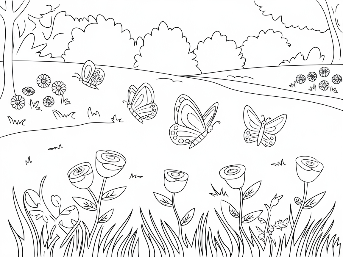 Scenic Meadow with Soaring Butterflies to Color