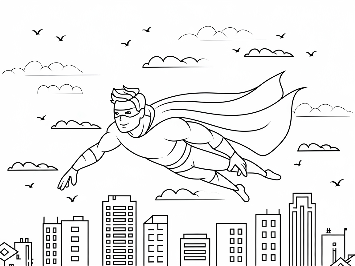 Soar High with This Superhero Skyline Coloring Page