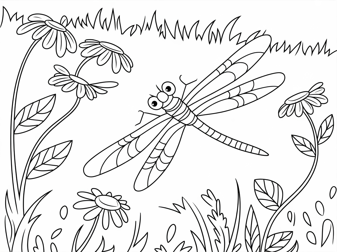 Fluttering Dragonfly in a Field of Wildflowers