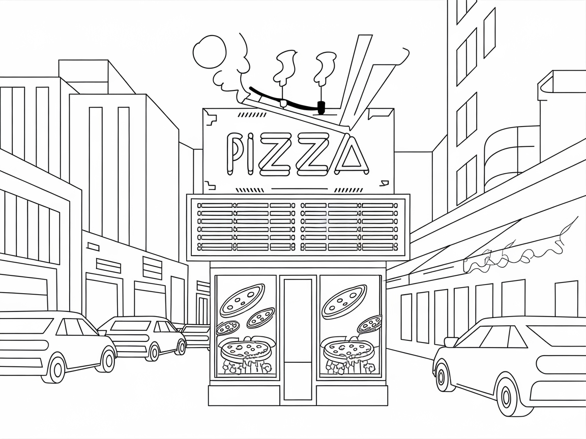 Cityscape with a Charming Pizza Parlor
