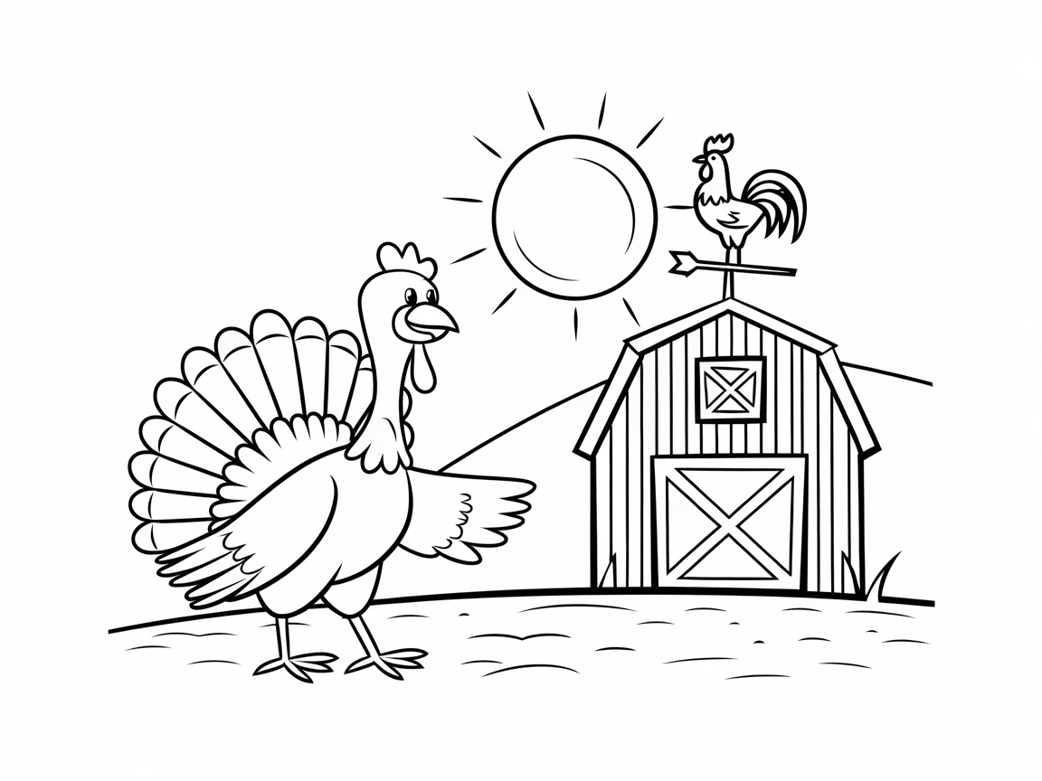 Farmyard Fun with Turkey and Rooster Coloring Page