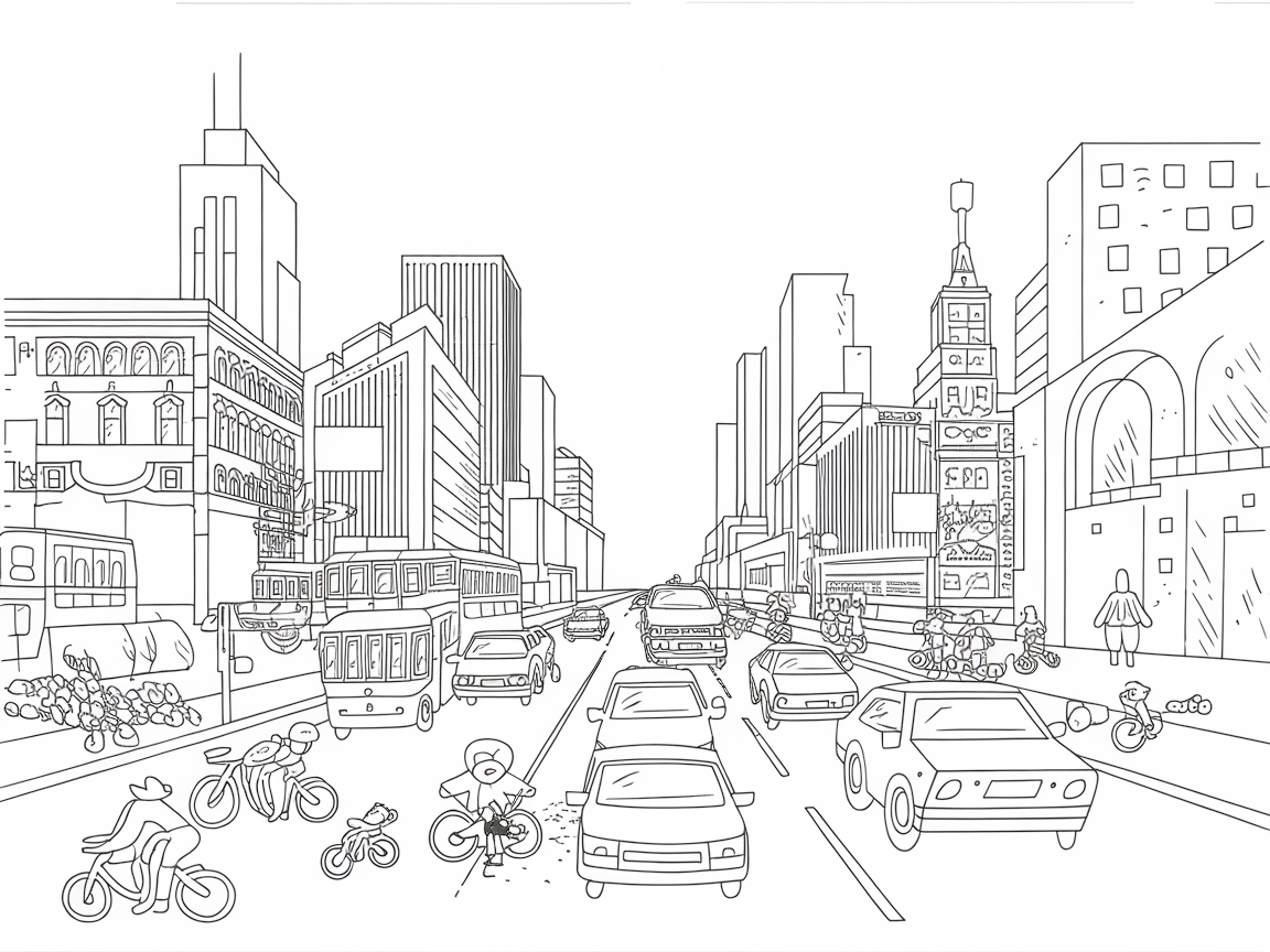 Bustling City Street Scene to Color