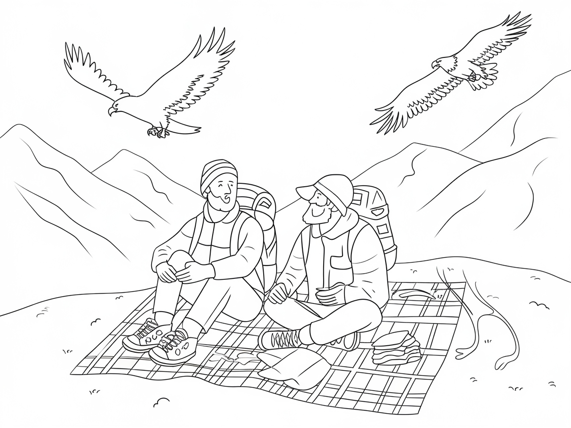 Mountain Adventure Picnic Coloring Page