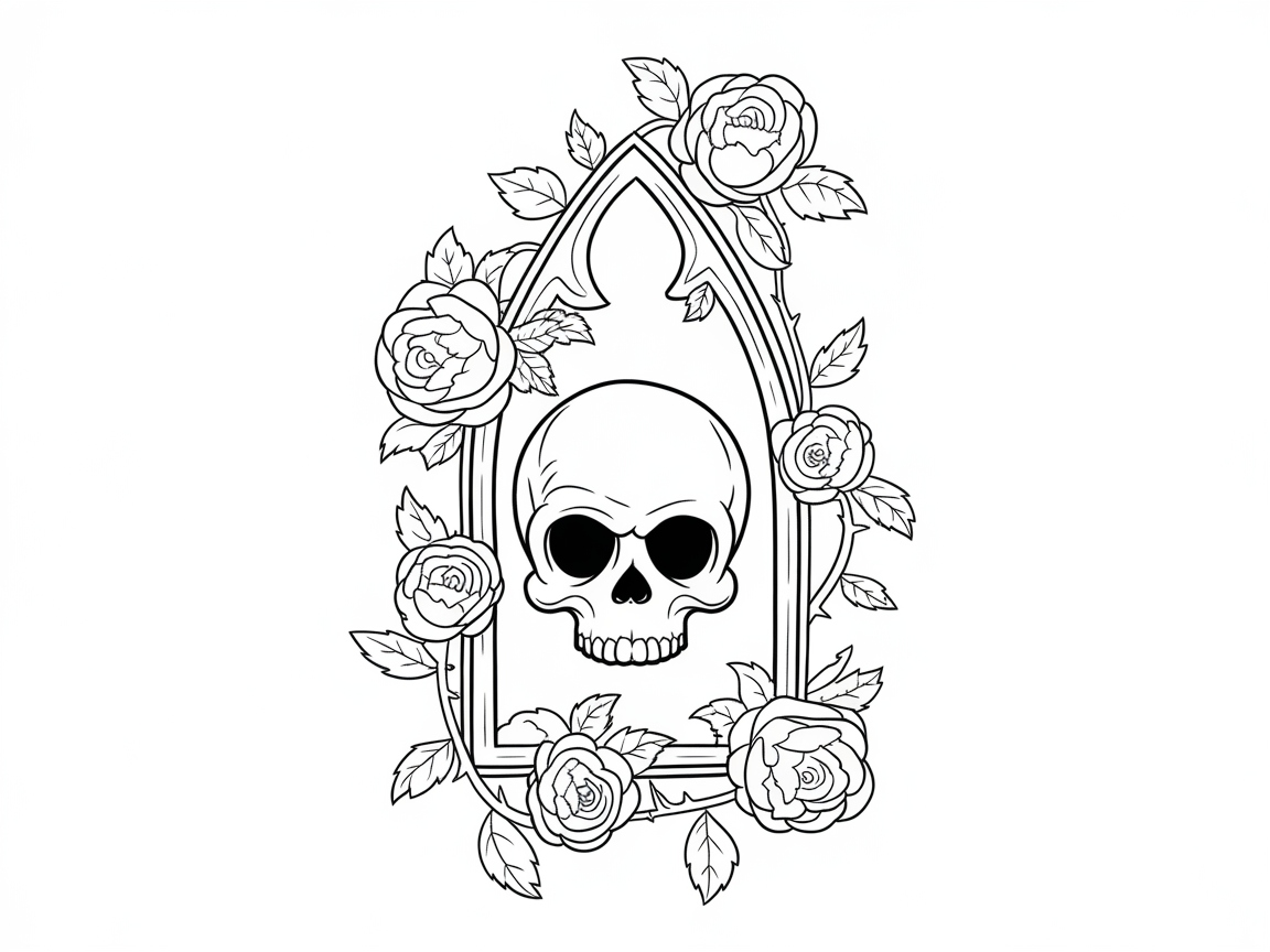 Gothic Skull Framed with Roses for Intricate Coloring