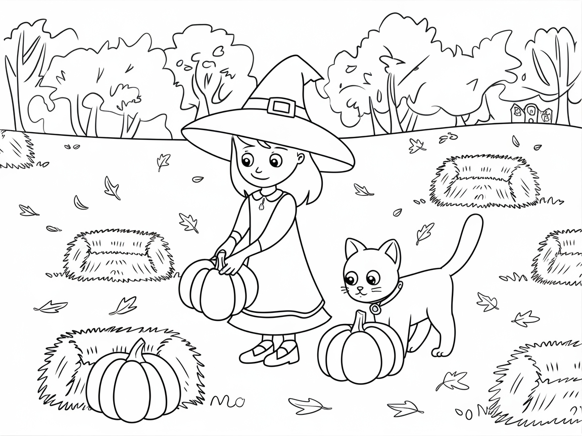 Pumpkin Picking Fun with a Little Witch and Her Cat