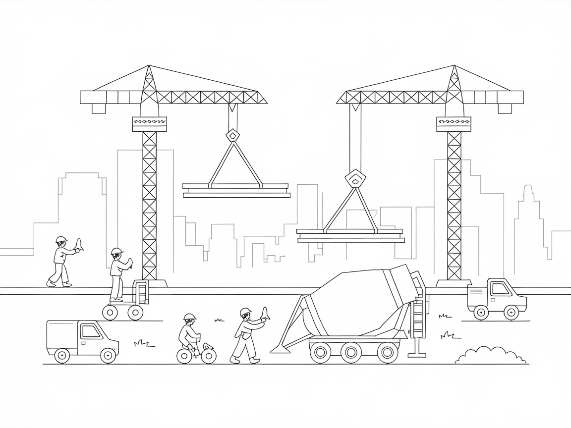 Busy Construction Scene with Towering Cranes