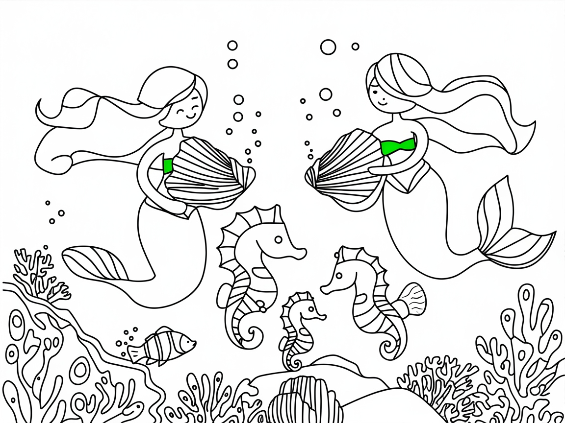 Enchanting Mermaid and Seahorse Coloring Page