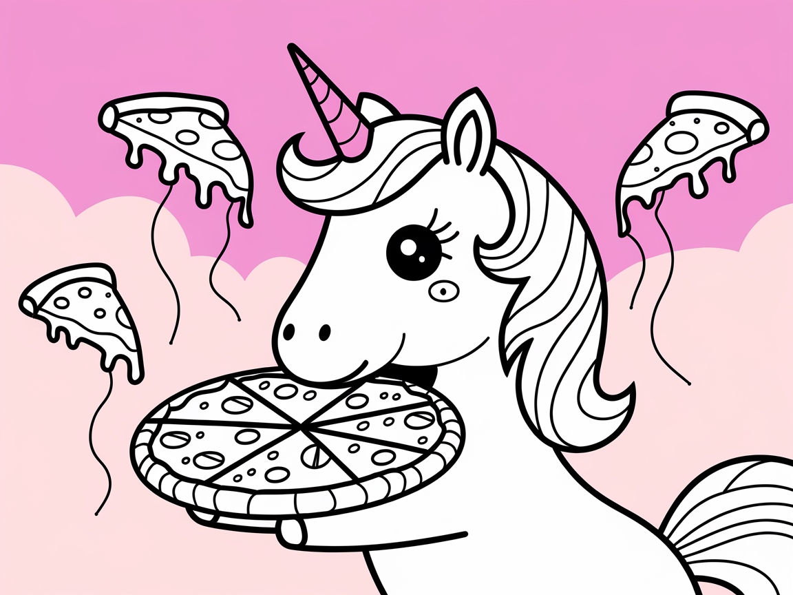 Magical Unicorn with Pizza Slices in the Clouds