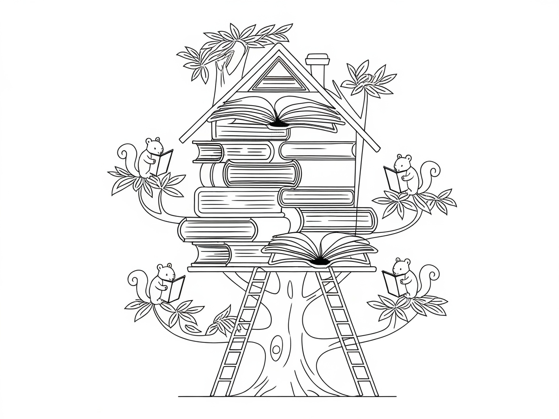 Whimsical Treehouse Library Coloring Page