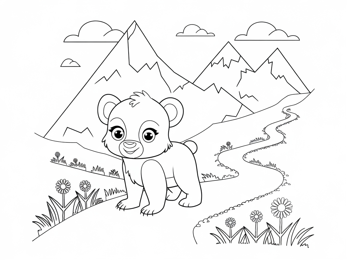 Adorable Bear in a Mountain Landscape Coloring Page