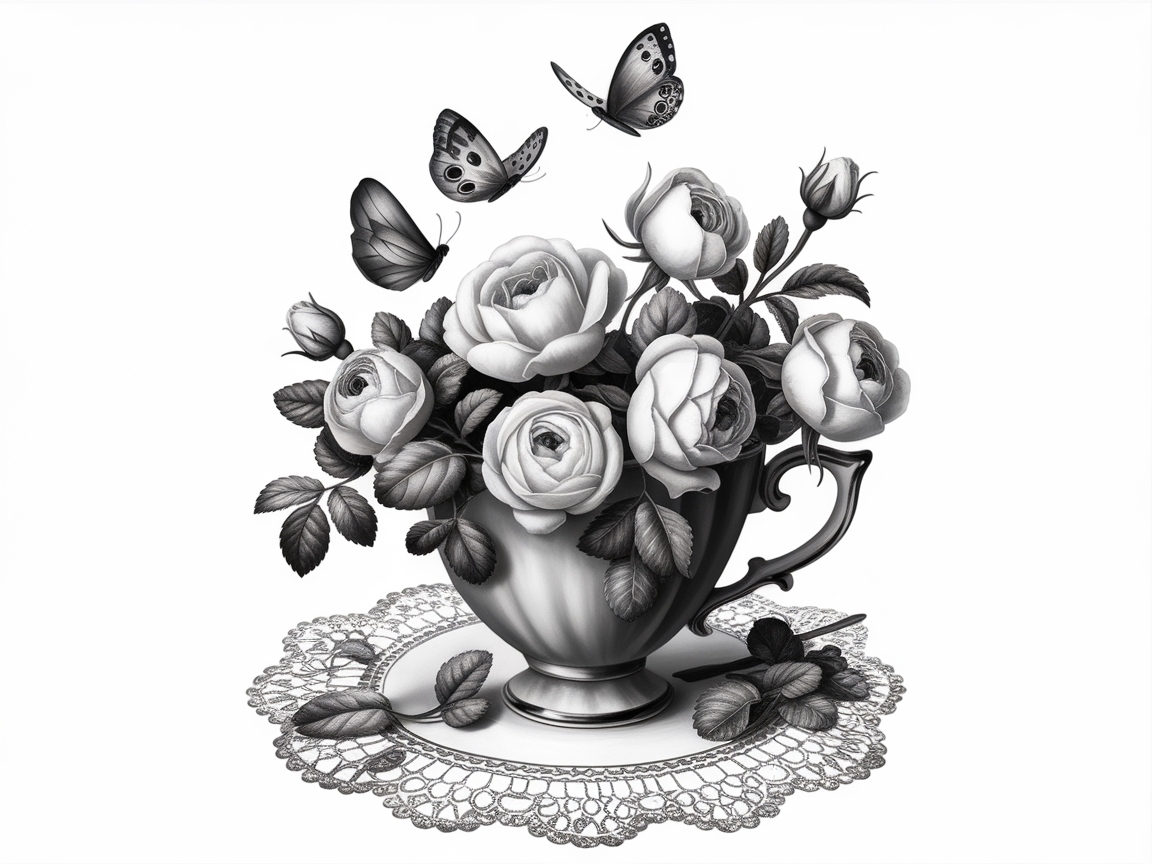 Tea Cup Rose Arrangement with Fluttering Butterflies