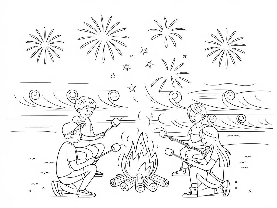 Roasting Marshmallows Under a Starry Fireworks Sky