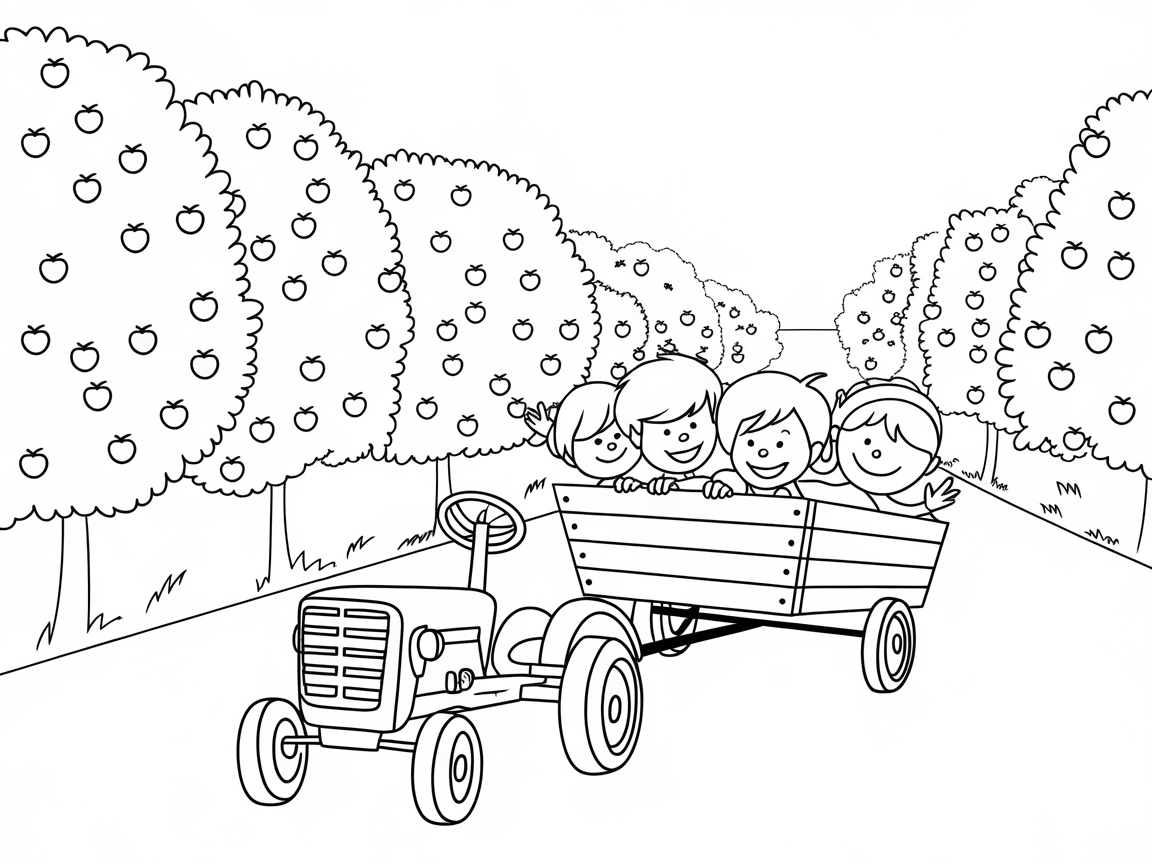 Joyful Orchard Ride with Kids on a Tractor
