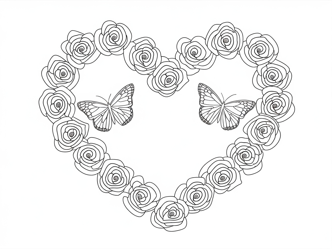Heart-Shaped Rose Wreath with Butterflies for Creative Coloring