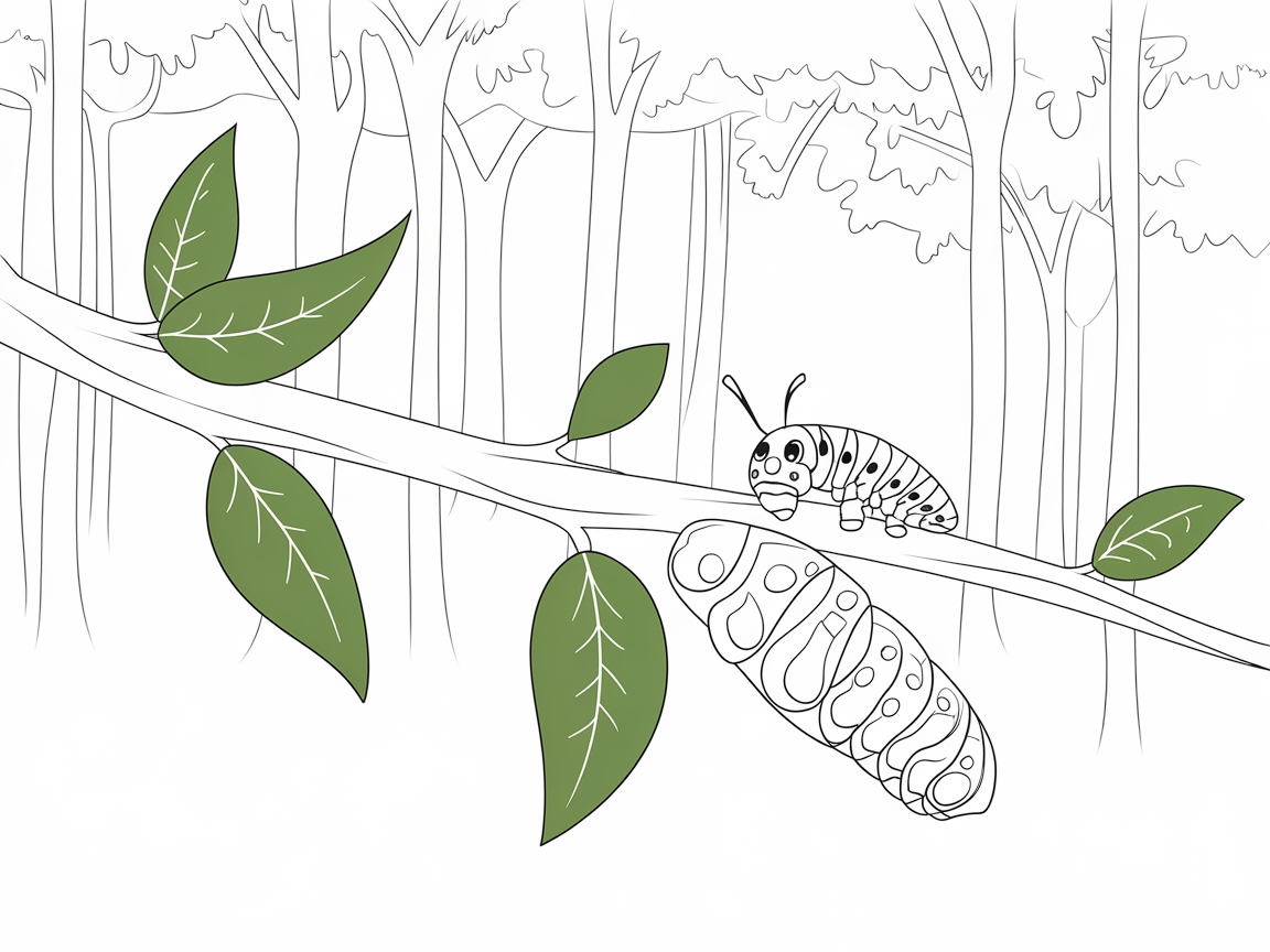 Cheerful Caterpillar on a Leafy Branch
