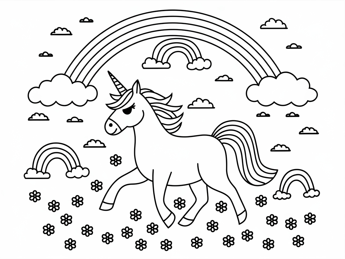 Unicorn Magic Under the Rainbows Coloring Page