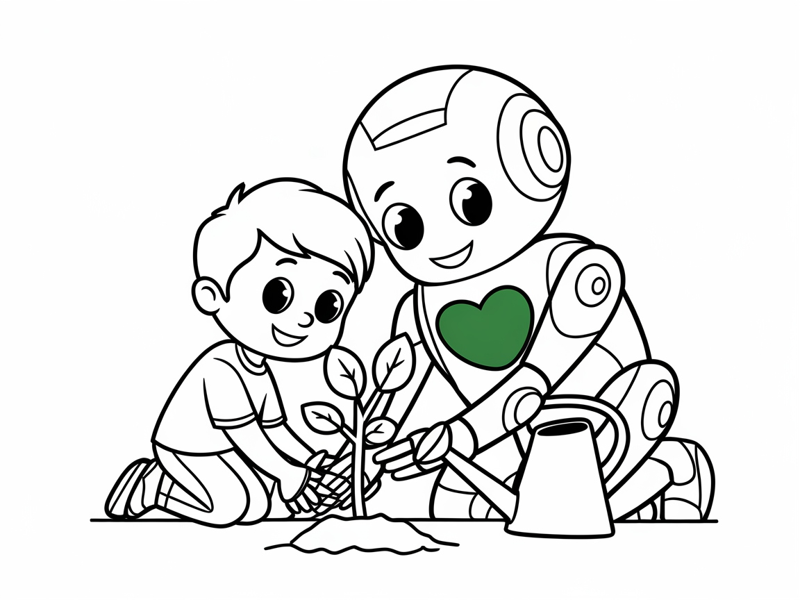 Teamwork in Action: Boy and Robot Planting