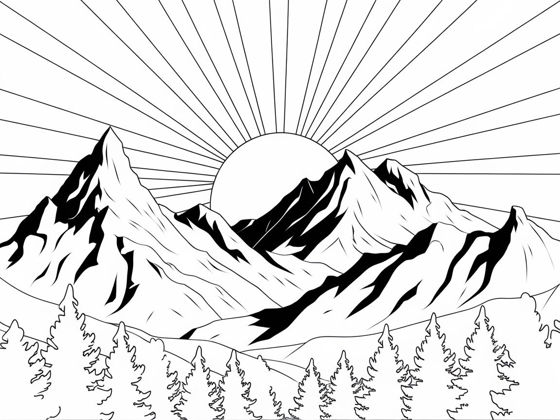 Majestic Mountain Sunrise Coloring Page