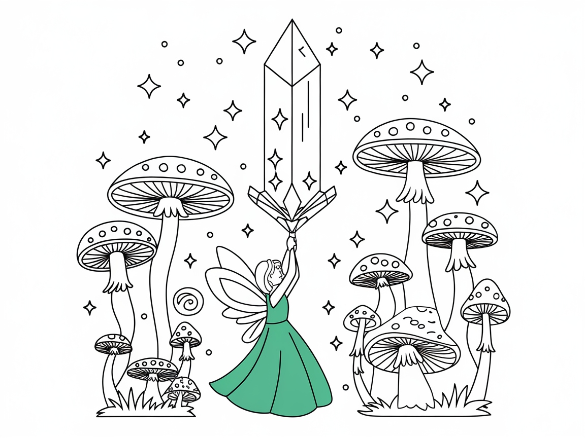 Magical Fairy and Crystal Sword in Enchanted Mushroom Forest