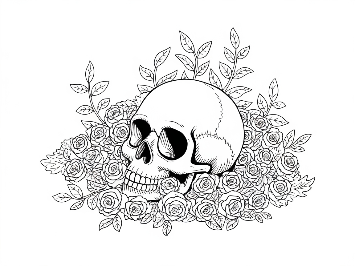 Skull Resting in a Bed of Roses for Floral Enthusiasts