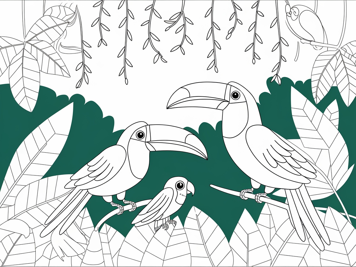 Color These Tropical Toucans and Jungle Leaves