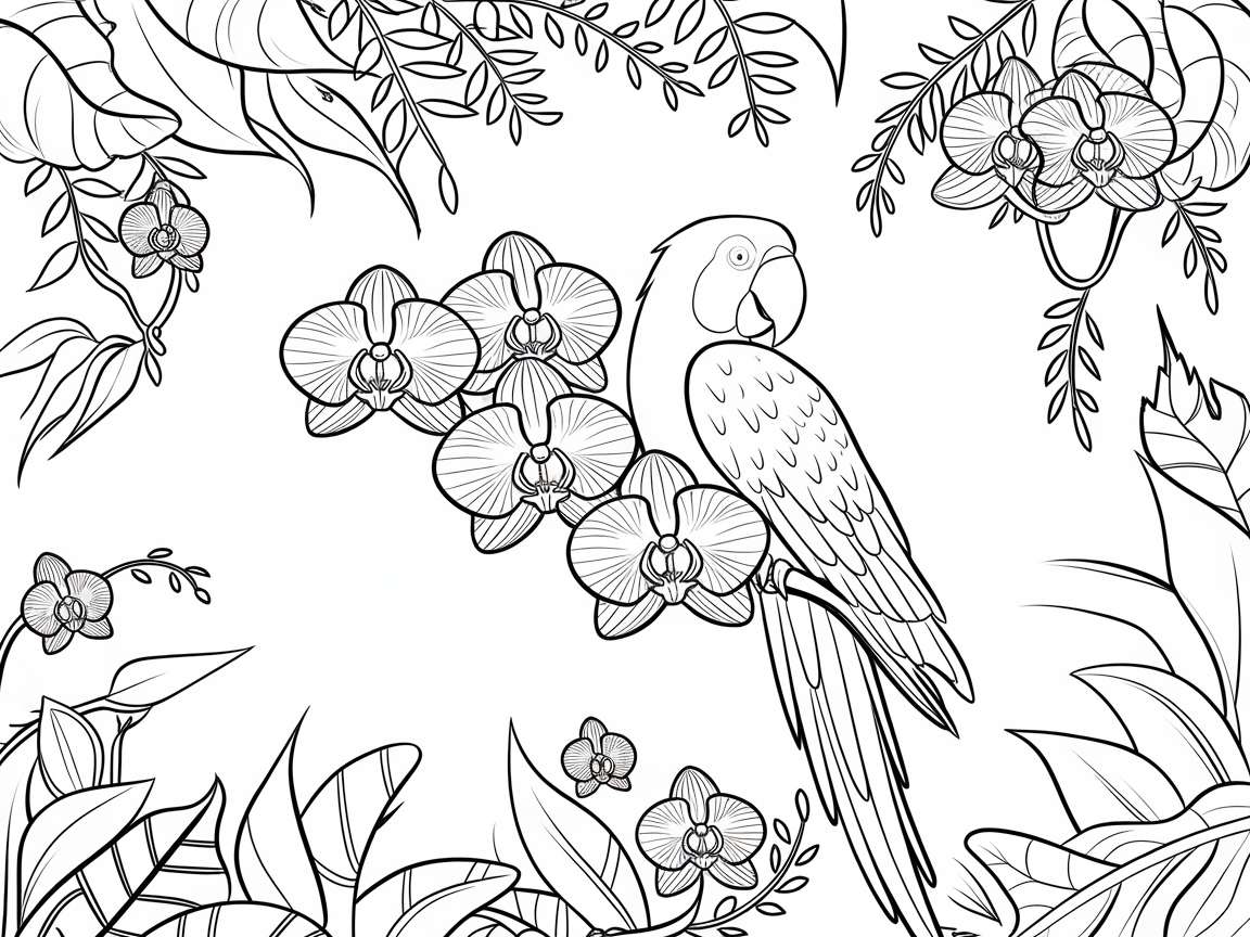 Color a Tropical Paradise with Parrots and Orchids
