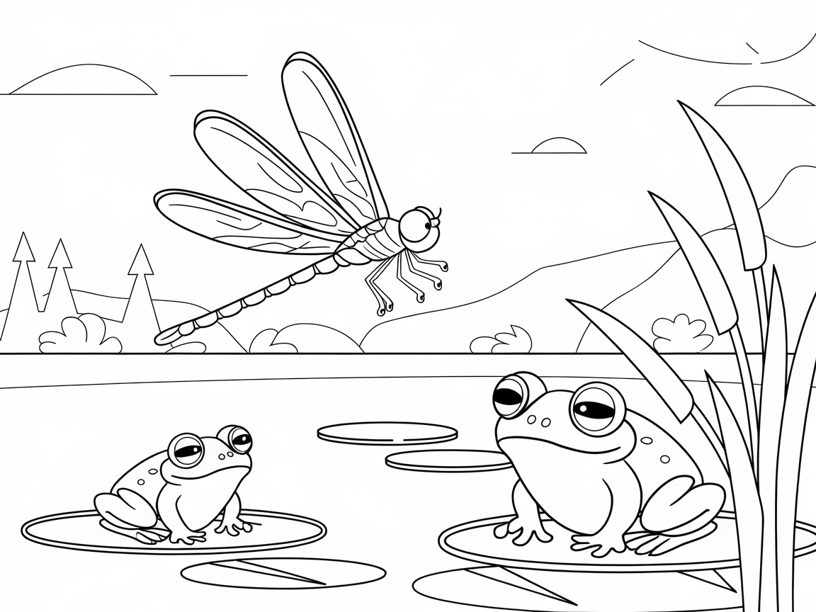 Whimsical Pond Scene With Frogs and Dragonfly