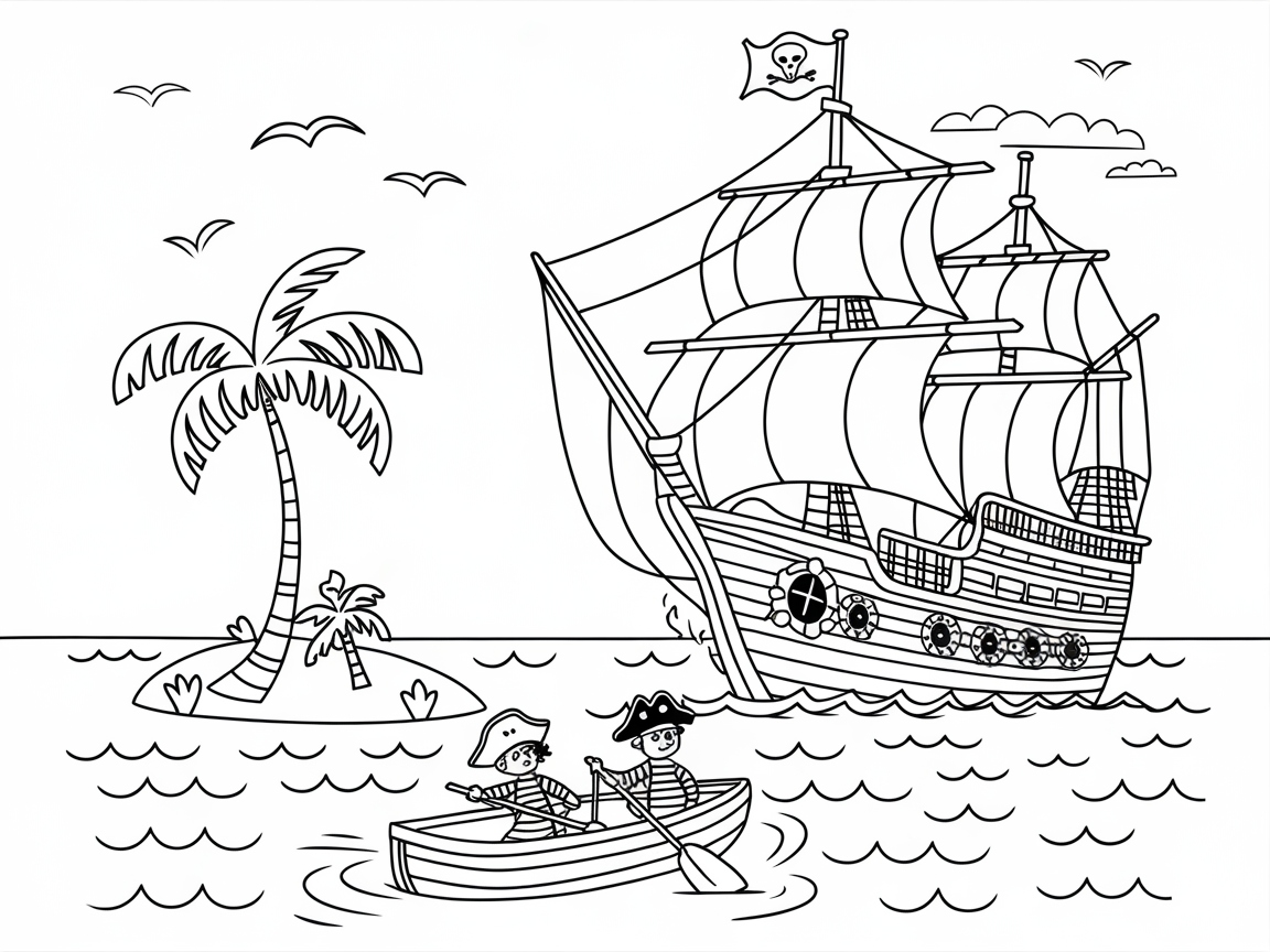 Explore the High Seas with a Pirate Ship and Rowboat Scene
