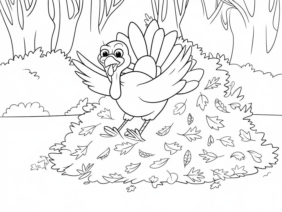 Playful Turkey in an Autumn Leaf Pile