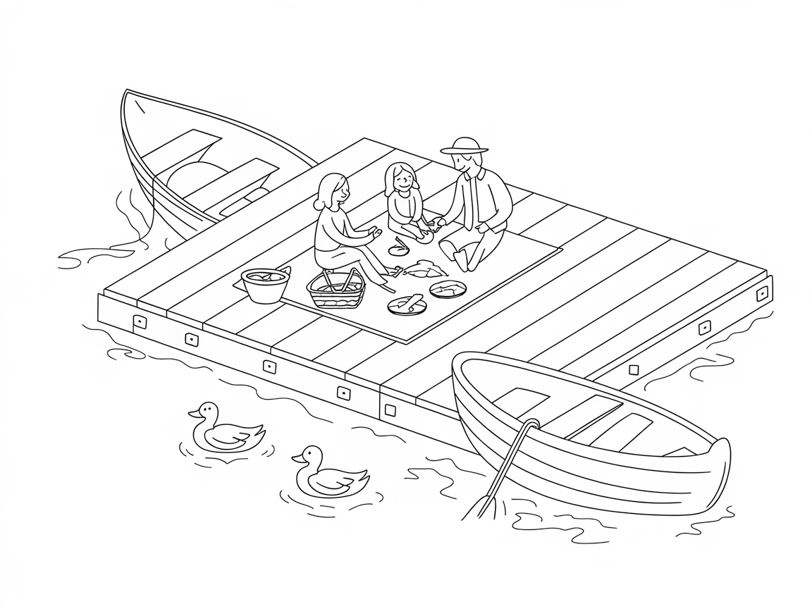 Floating Dock Picnic Adventure Coloring Page